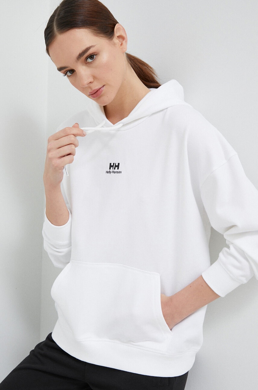 Helly Hansen bluza femei, culoarea alb, cu glugă, neted