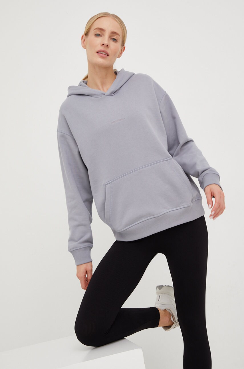New balance hanorac de bumbac femei, culoarea gri, cu glugă, neted