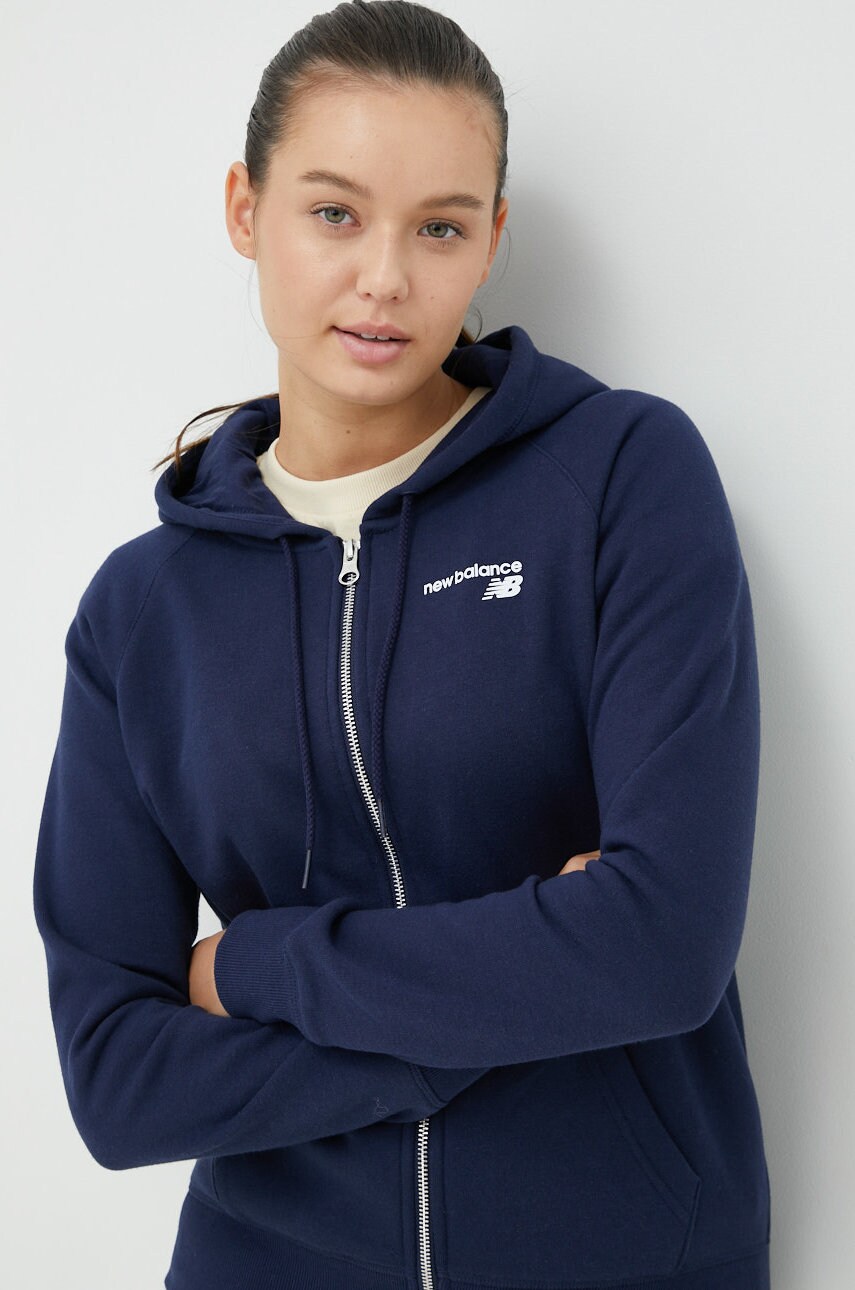 New balance bluza femei, culoarea albastru marin, cu glugă, neted