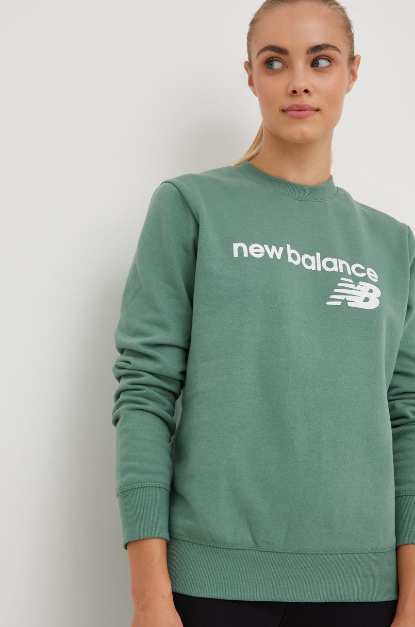 New Balance bluza femei, culoarea verde, cu imprimeu