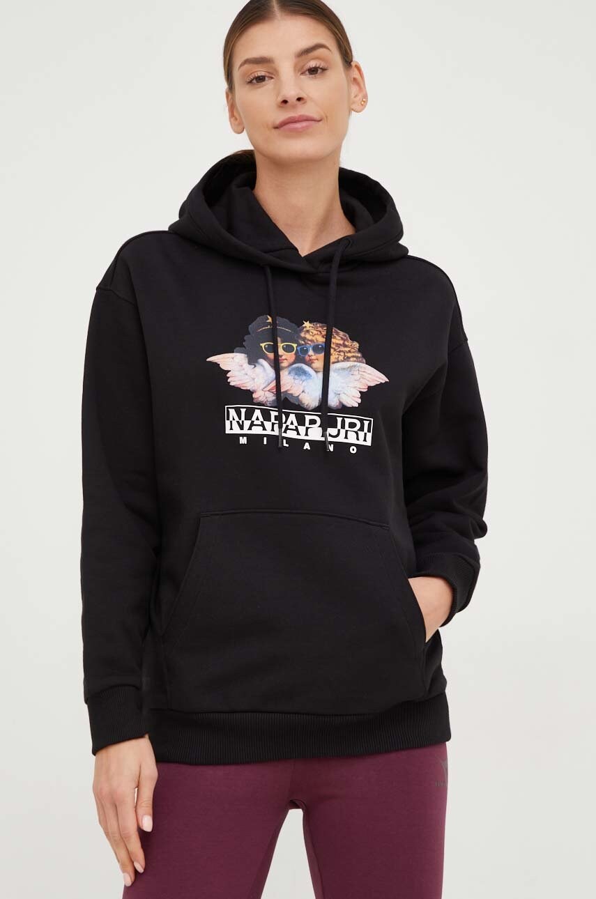 Napapijri bluza x fiorucci femei, culoarea negru, cu glugă, cu imprimeu