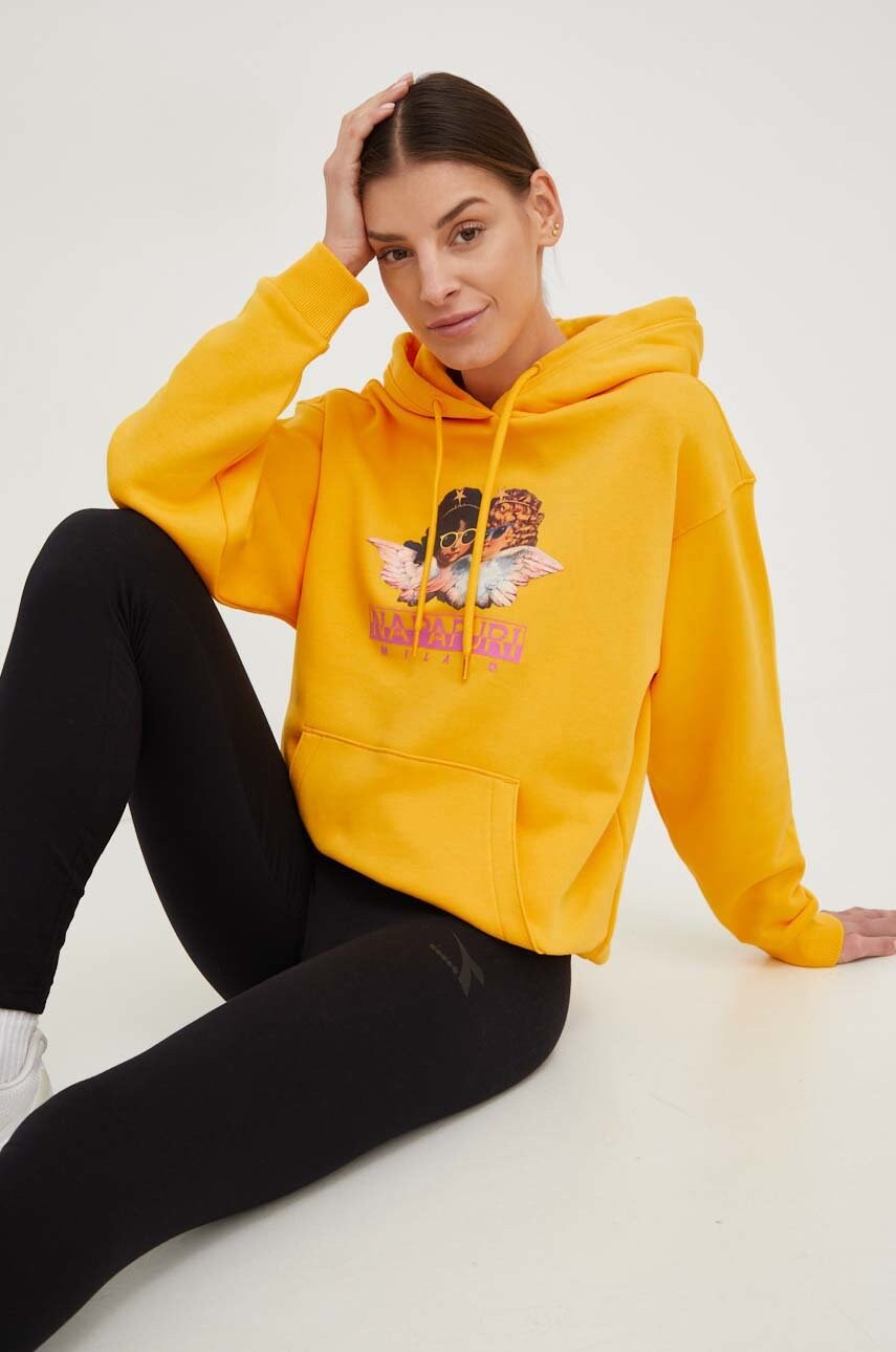 Napapijri bluza x fiorucci femei, culoarea galben, cu glugă, cu imprimeu