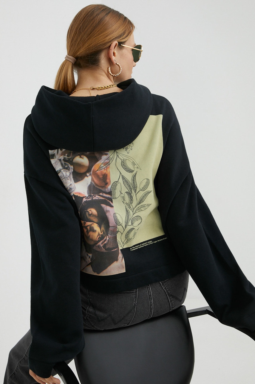 Marc o'polo hanorac de bumbac denim femei, culoarea negru, cu glugă, cu imprimeu