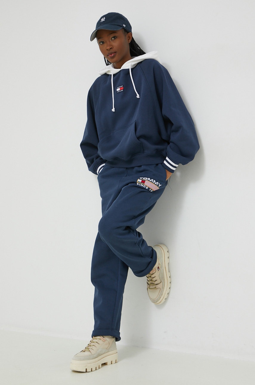 

Кофта Tommy Jeans жіноча колір синій з капюшоном з принтом