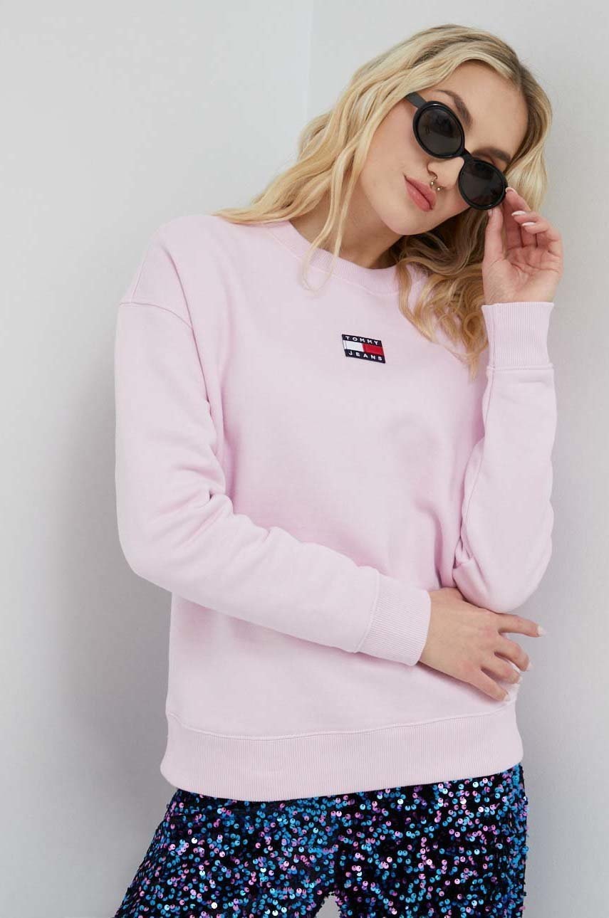 

Памучен суичър Tommy Jeans в лилаво с изчистен дизайн, Розов