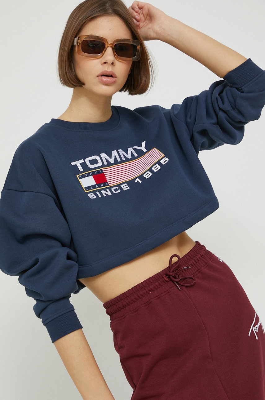 Tommy Jeans bluza femei, culoarea albastru marin, cu imprimeu