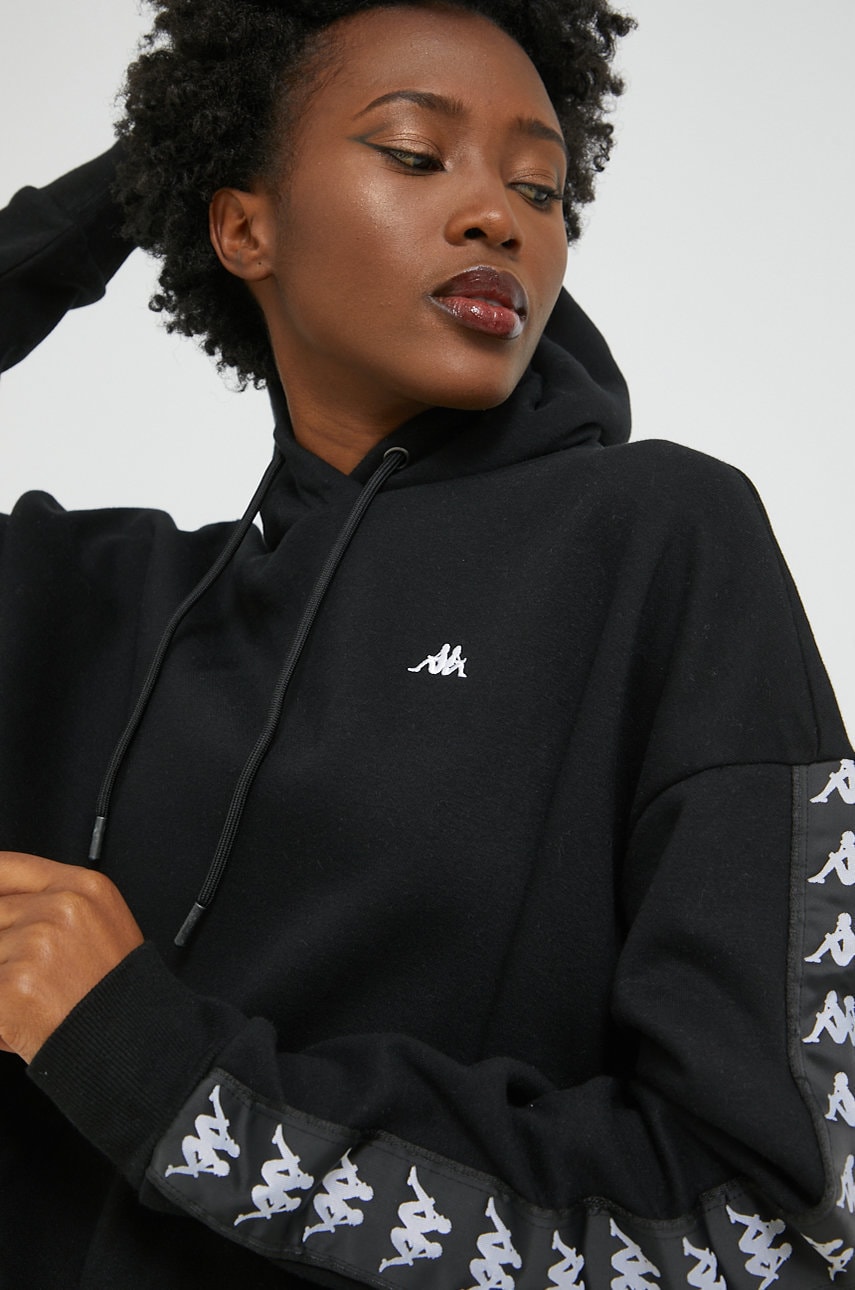 Kappa bluza femei, culoarea negru, cu glugă, cu imprimeu
