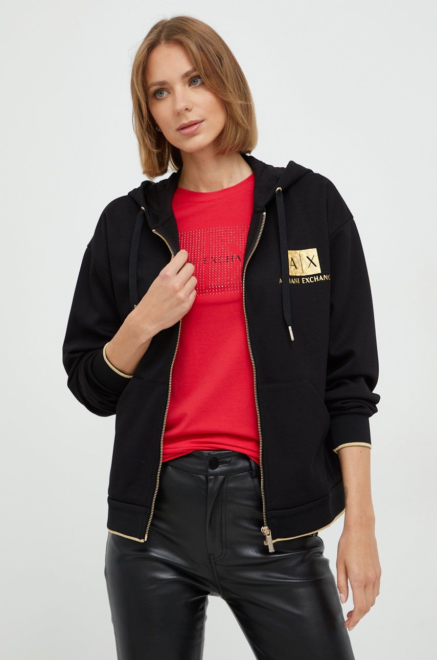 Armani Exchange bluza damska kolor czarny z kapturem z nadrukiem