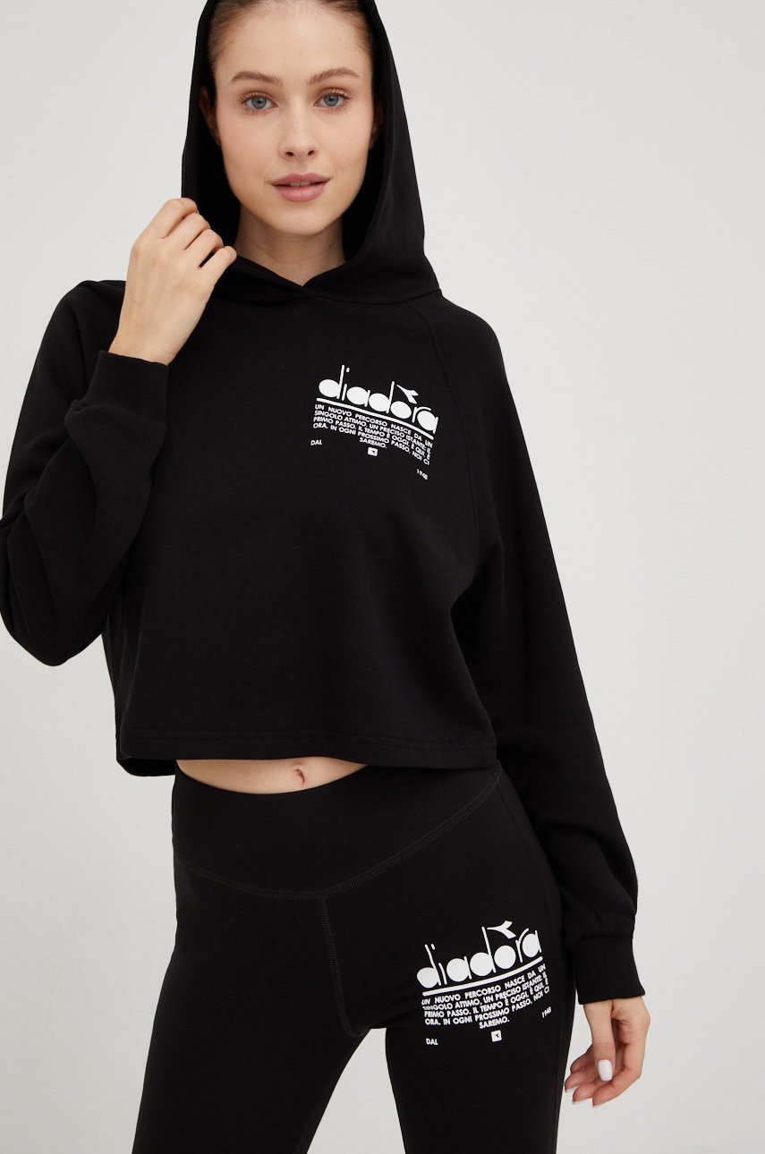 Diadora hanorac de bumbac femei, culoarea negru, cu glugă, cu imprimeu