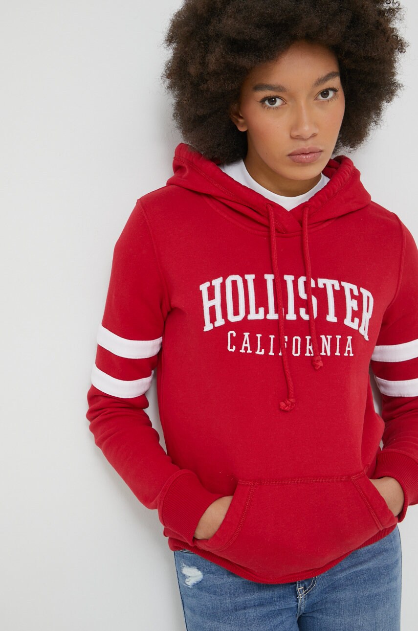 Hollister co. bluza femei, culoarea rosu, cu glugă, cu imprimeu