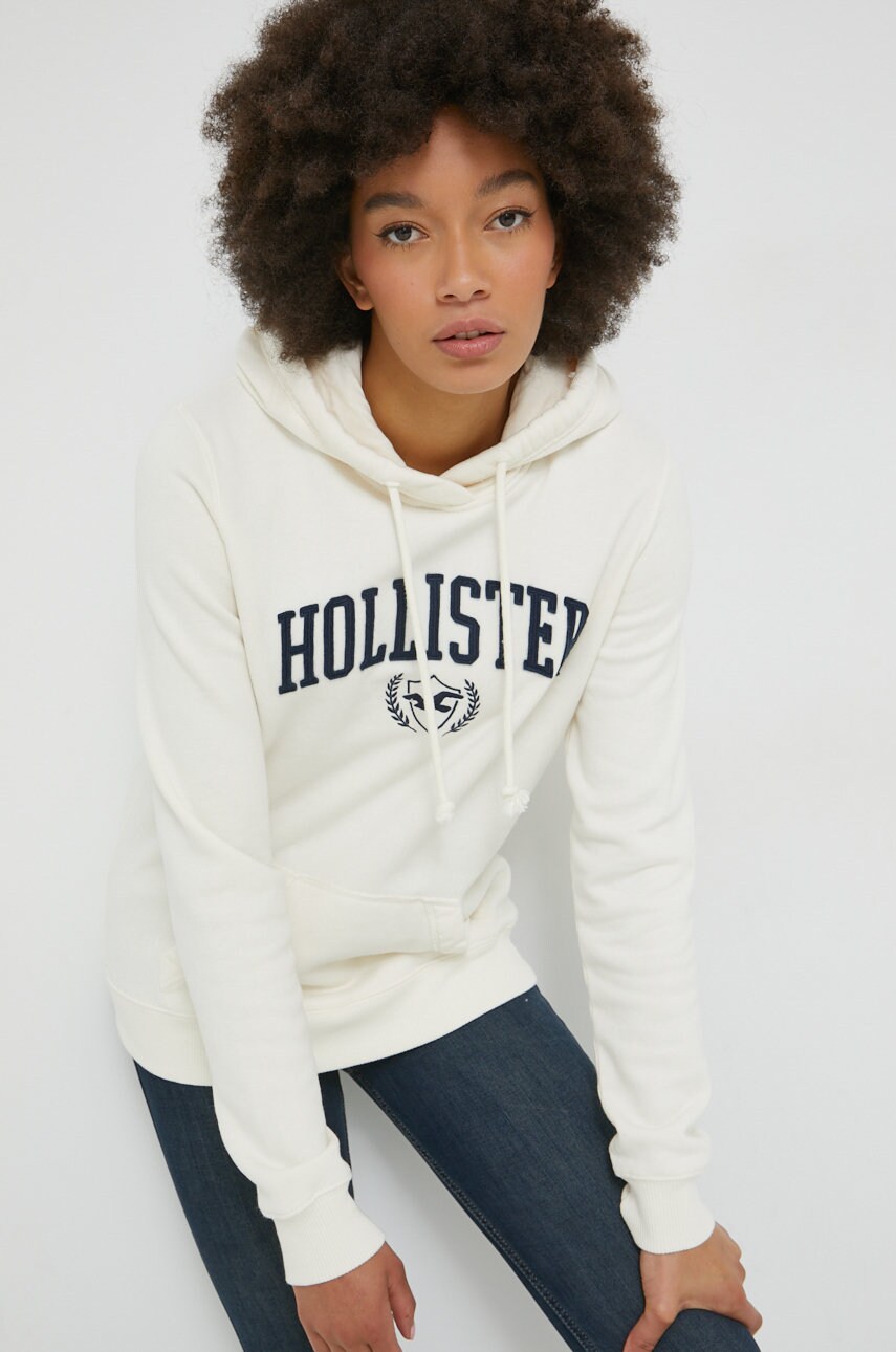 

Суичър Hollister Co. в бежово с качулка с апликация, Бежов