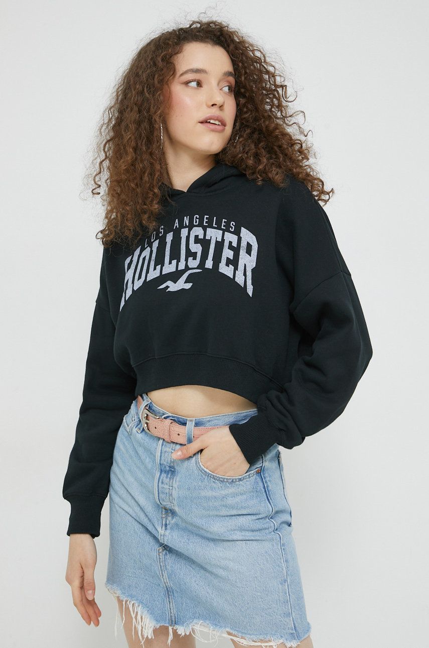 Hollister Co. Hollister Co. bluza damska kolor czarny z kapturem z nadrukiem