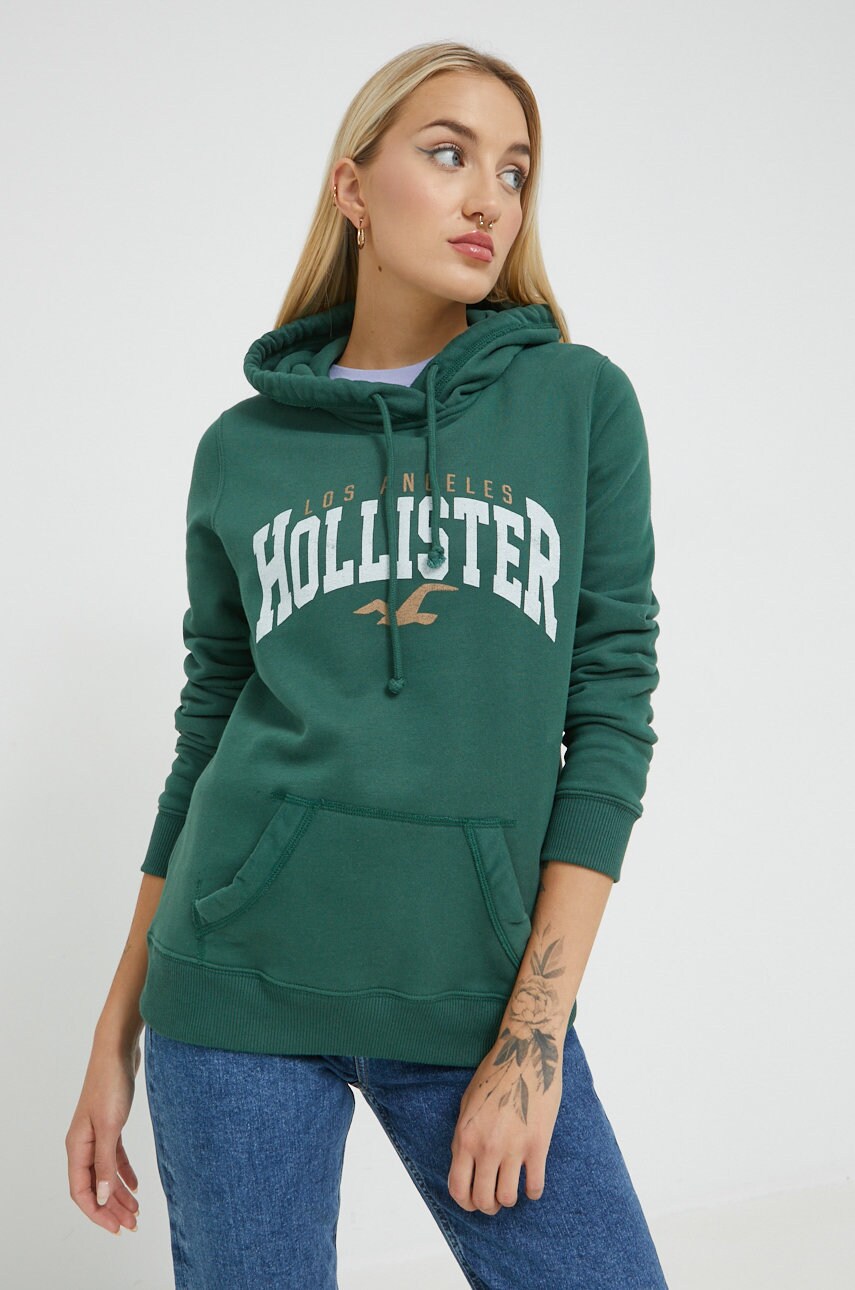 Hollister co. bluza femei, culoarea verde, cu glugă, cu imprimeu