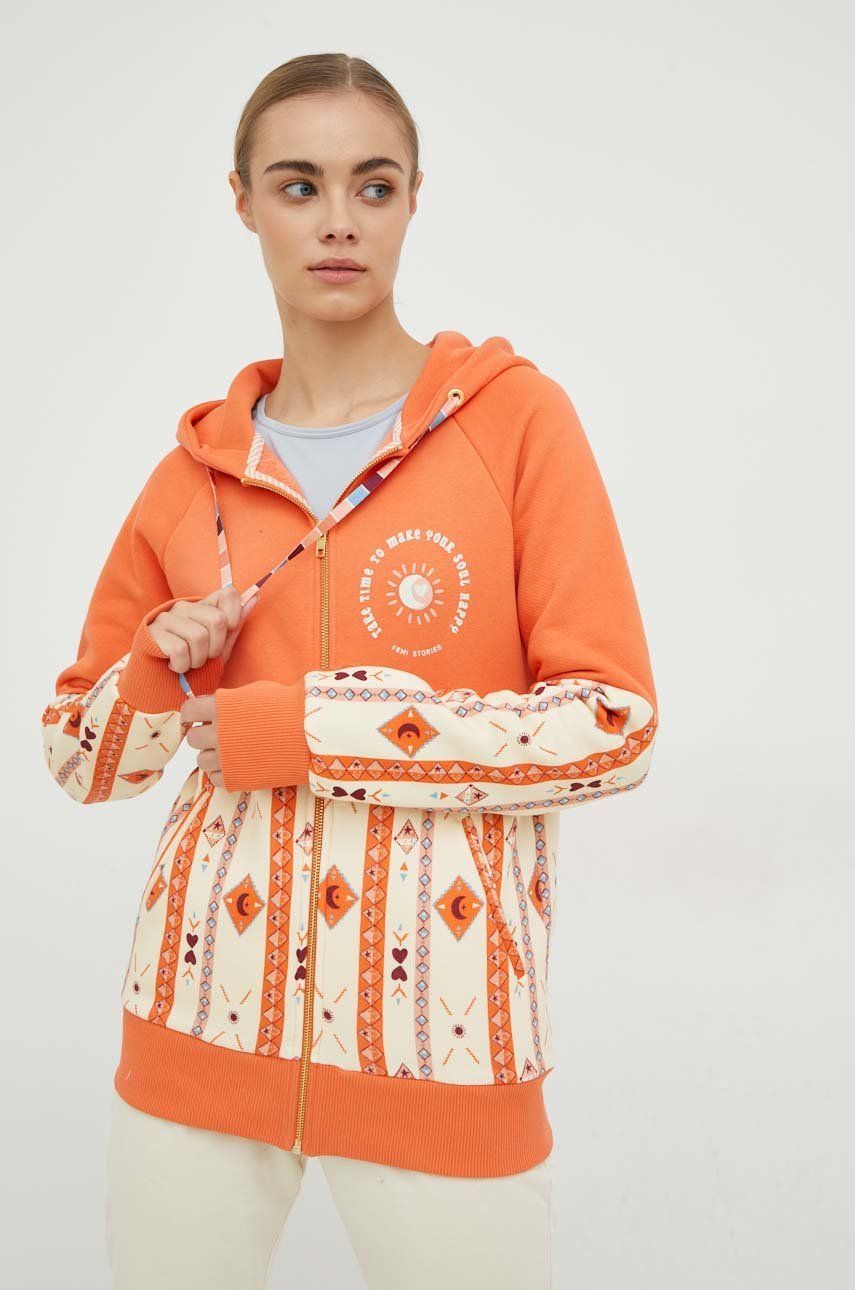 Mikina Femi Stories dámská, oranžová barva, s kapucí, vzorovaná - oranžová -  90 % Bavlna