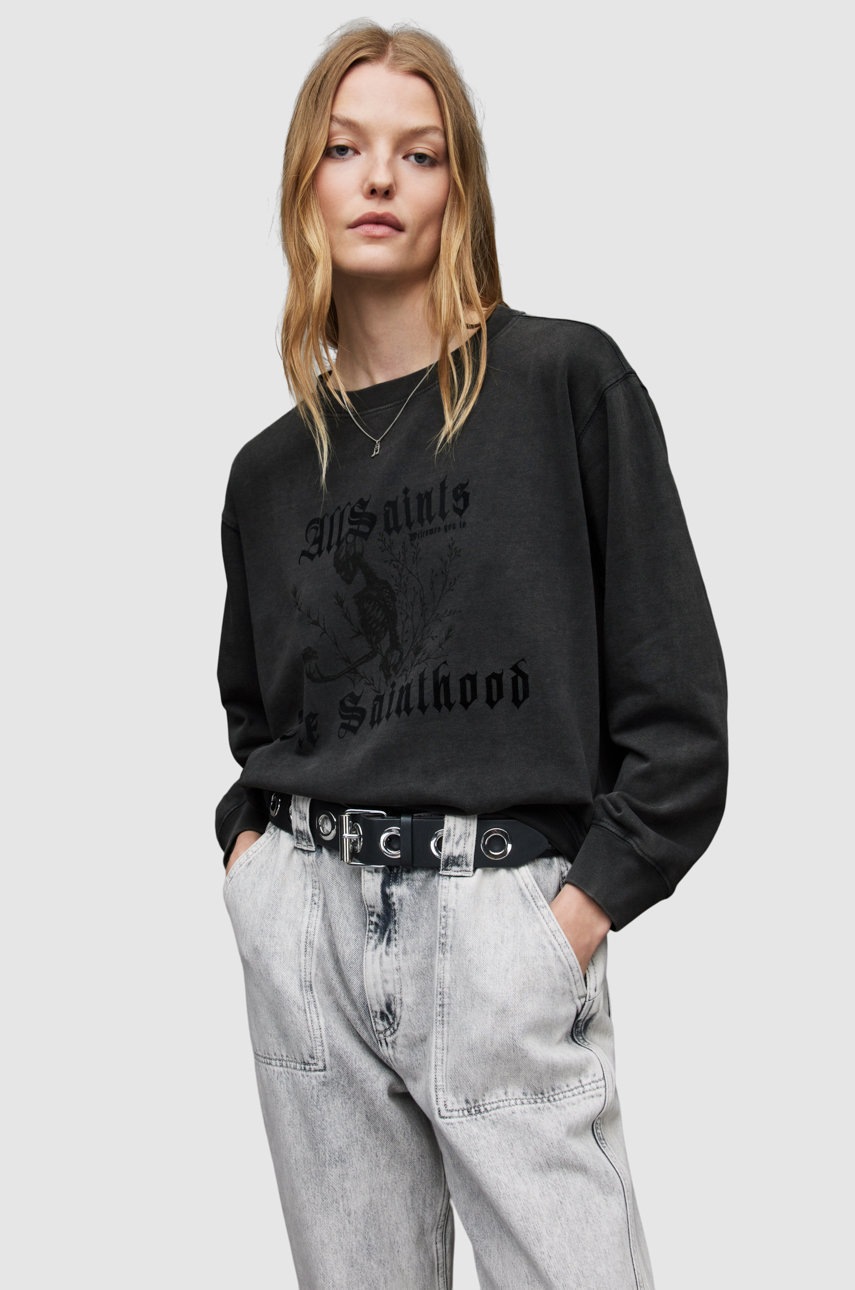 

Памучен суичър AllSaints в сиво с принт, Сив