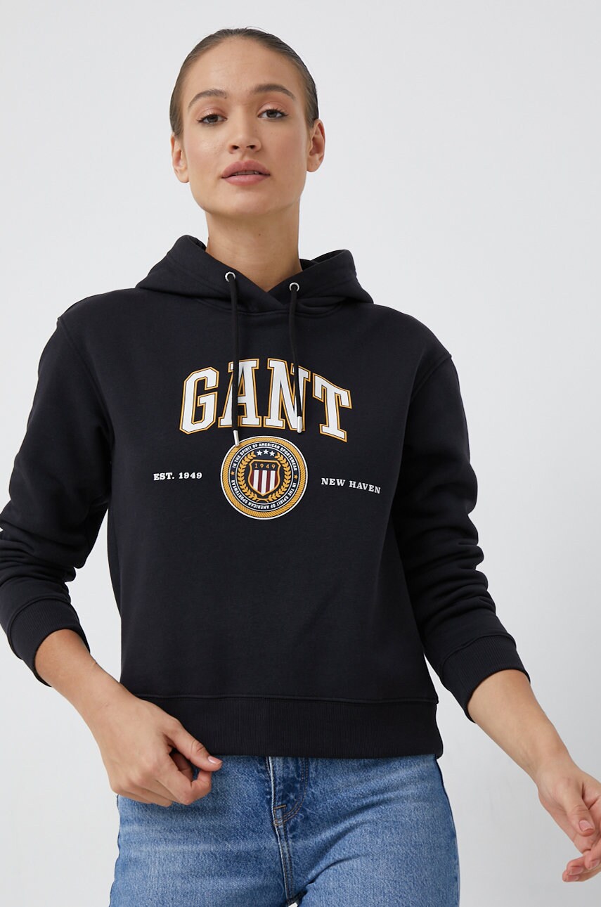 Gant bluza femei, culoarea negru, cu glugă, cu imprimeu