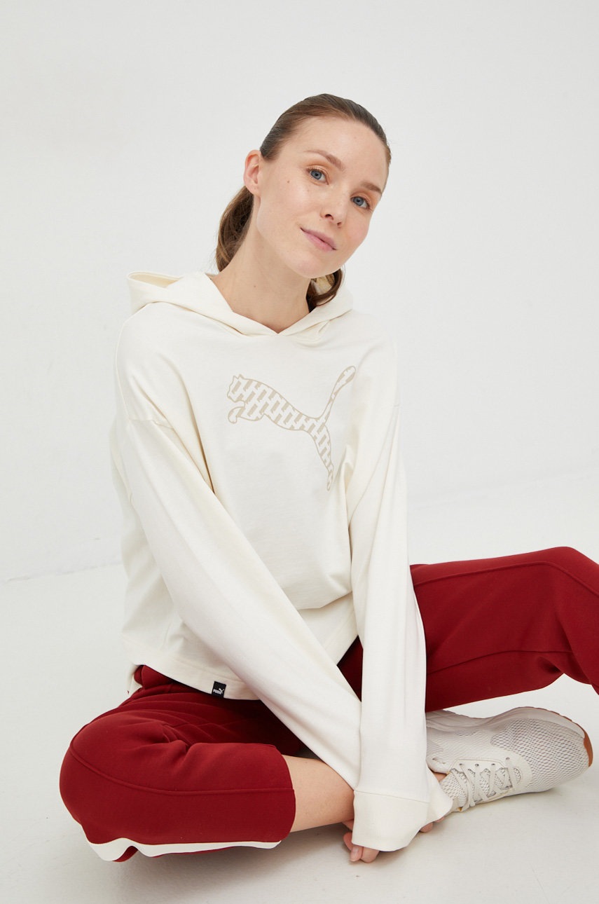 

Памучен суичър Puma в бежово с качулка с принт, Бежов
