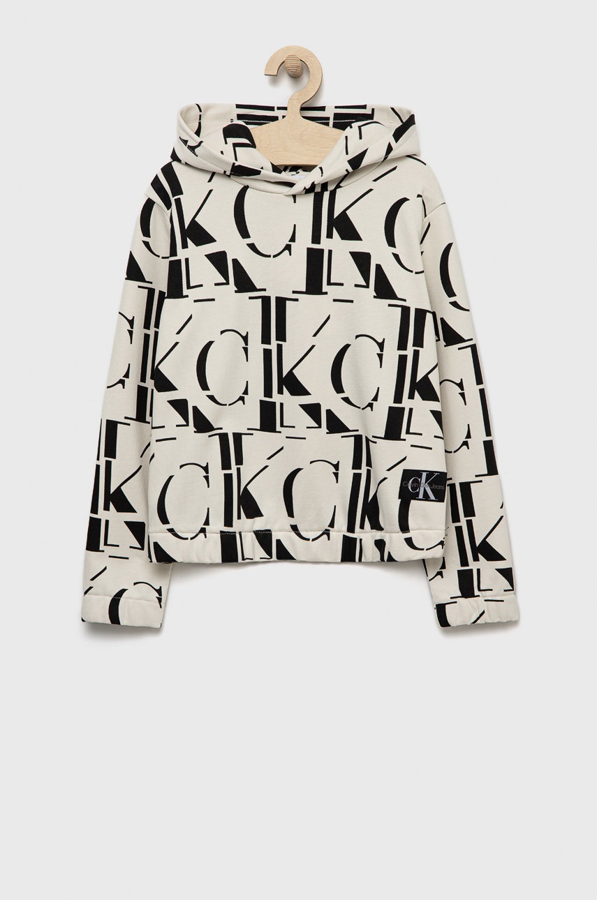

Детски памучен суичър Calvin Klein Jeans в бежово с десен, Бежов