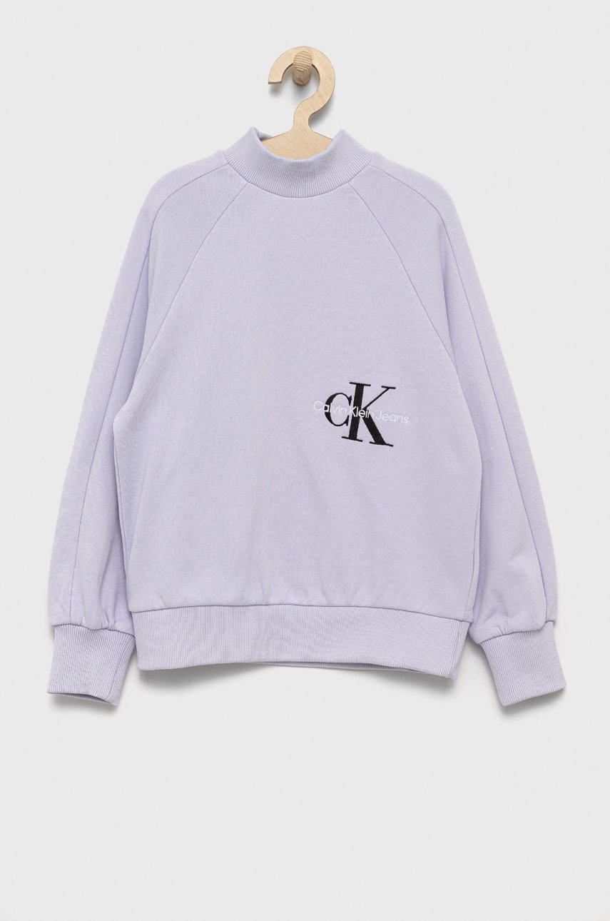 

Детски памучен суичър Calvin Klein Jeans в лилаво с апликация, Виолетов