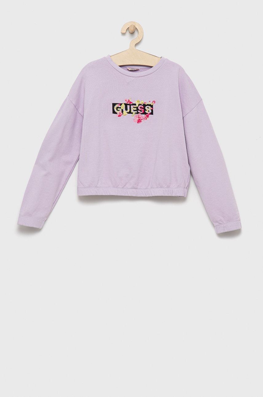 

Дитяча бавовняна кофта Guess колір фіолетовий з аплікацією