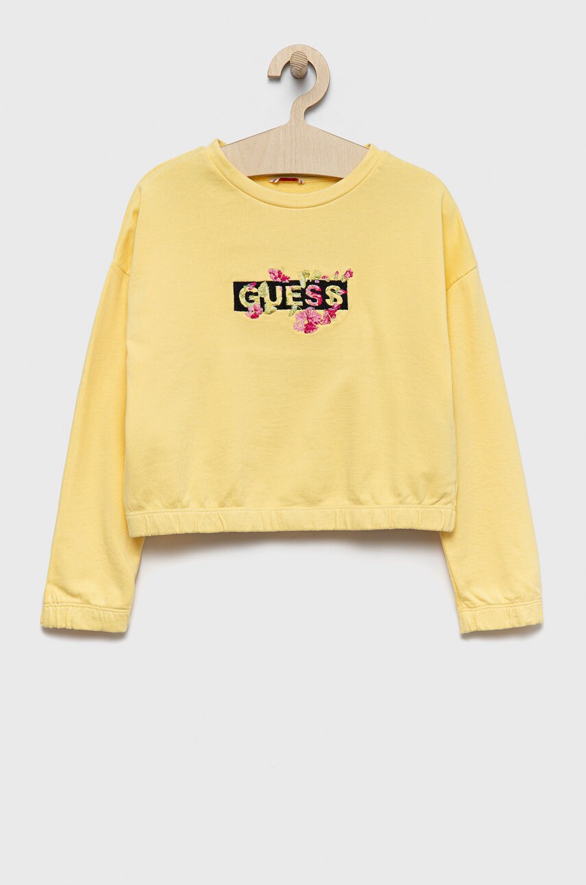 

Дитяча бавовняна кофта Guess колір жовтий з аплікацією