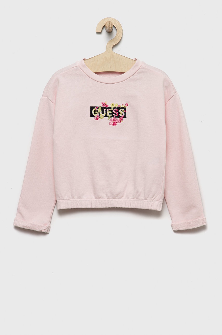 

Детски памучен суичър Guess в розово с апликация, Розов