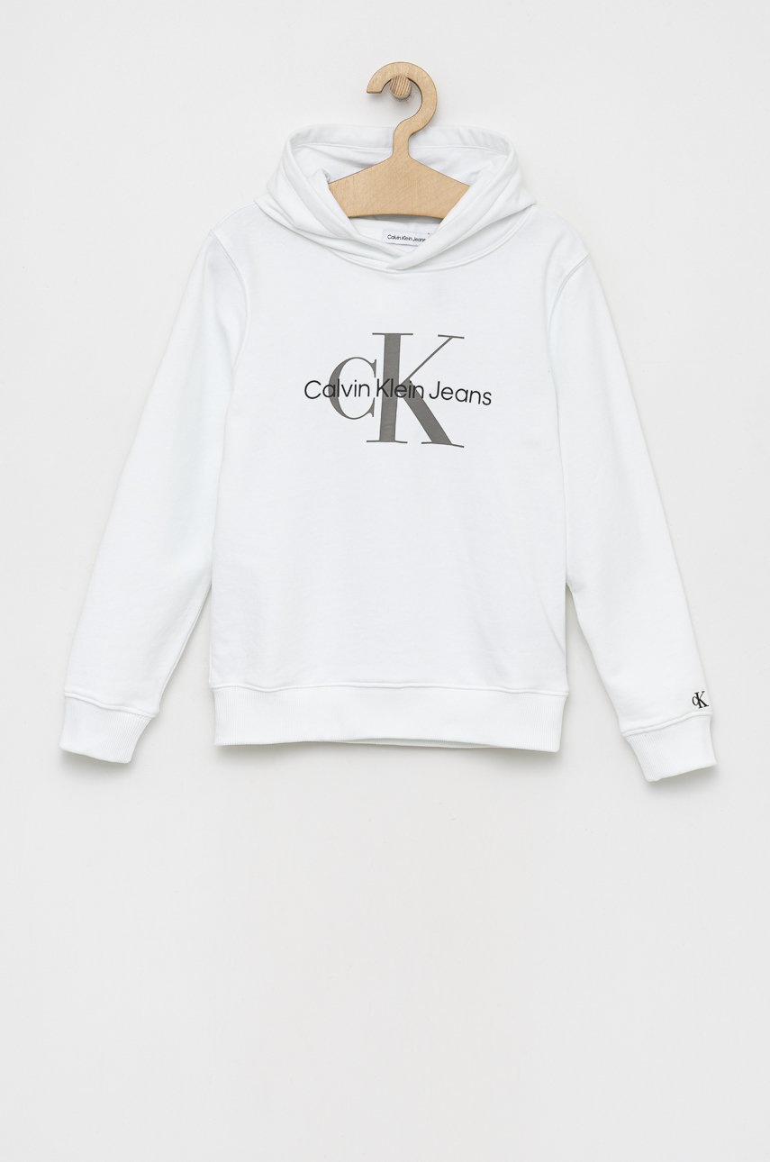 

Детски памучен суичър Calvin Klein Jeans в бяло с принт, Бял