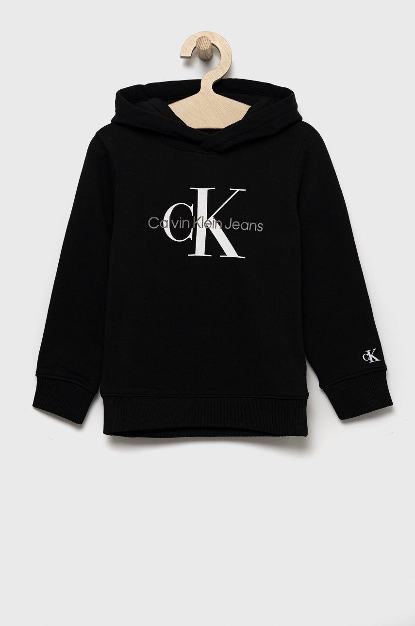 

Детски памучен суичър Calvin Klein Jeans в черно с принт, Черен