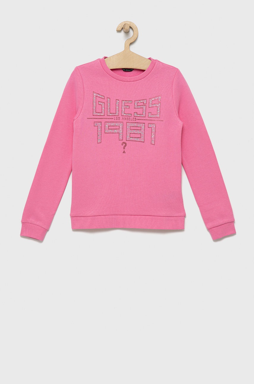 

Детски памучен суичър Guess в розово с апликация, Розов