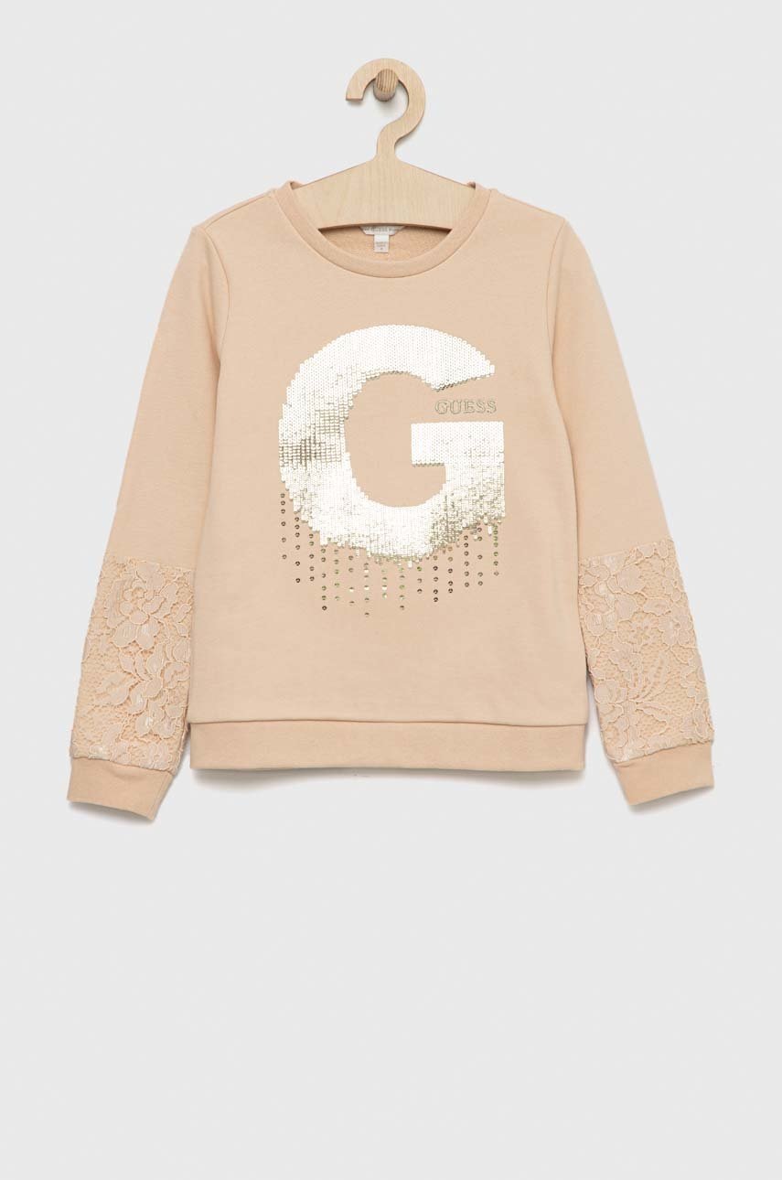 

Детски памучен суичър Guess в бежово с апликация, Бежов