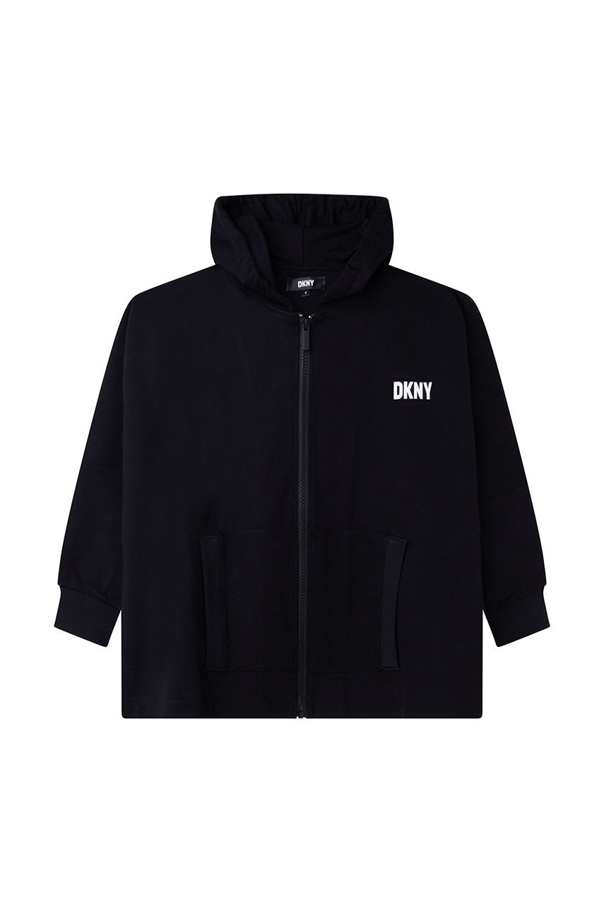 Дитяча кофта Dkny колір чорний з капюшоном з принтом Дитяча кофта Dkny колір чорний з капюшоном з принтом
