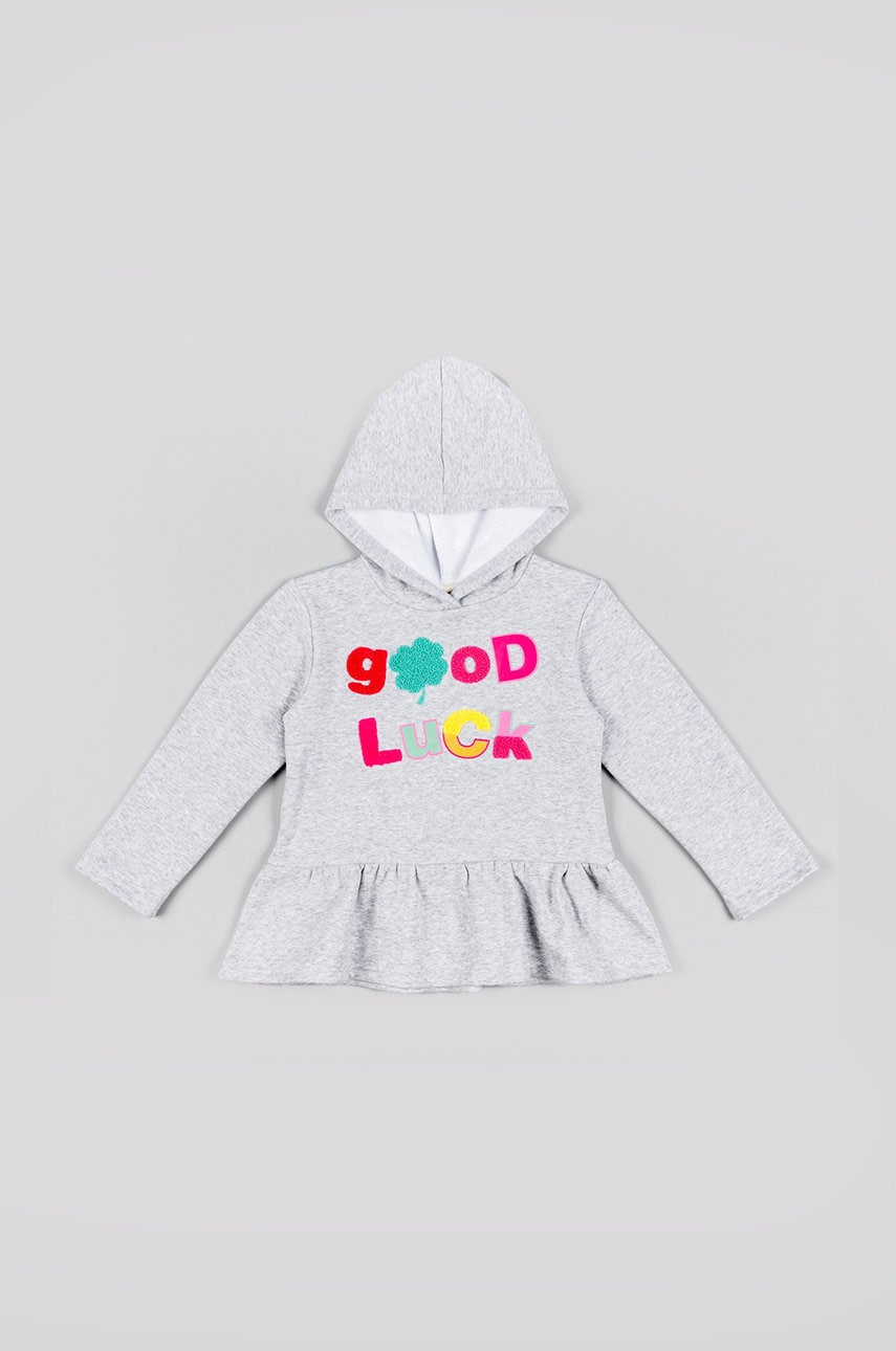 zippy bluza copii culoarea gri, cu glugă, cu imprimeu