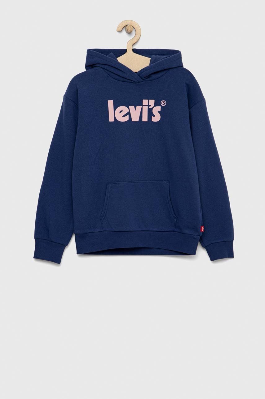 

Детски суичър Levi's в тъмносиньо с качулка с принт, Тъмносин
