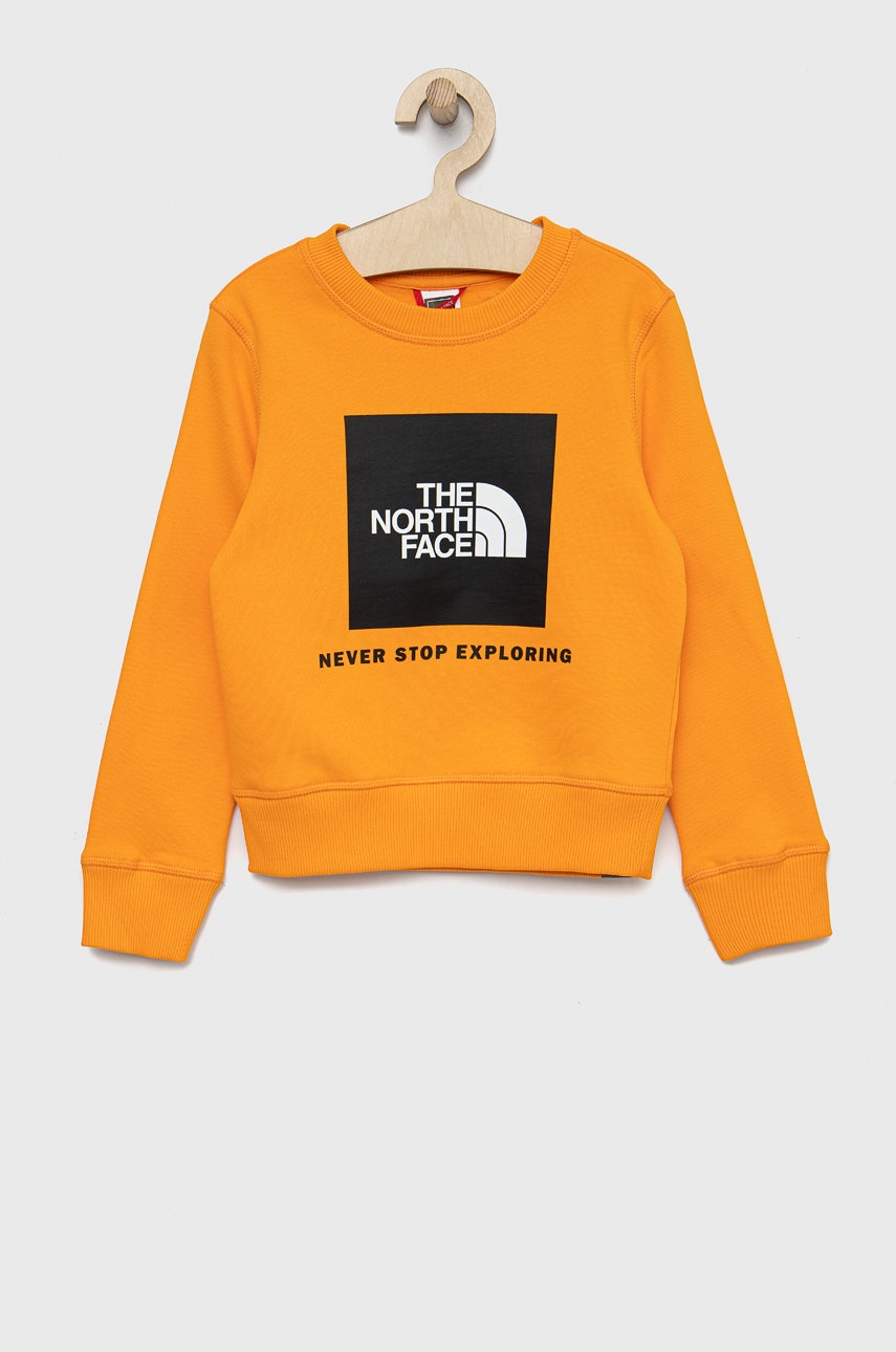 

Детски памучен суичър The North Face в оранжево с принт, Оранжев