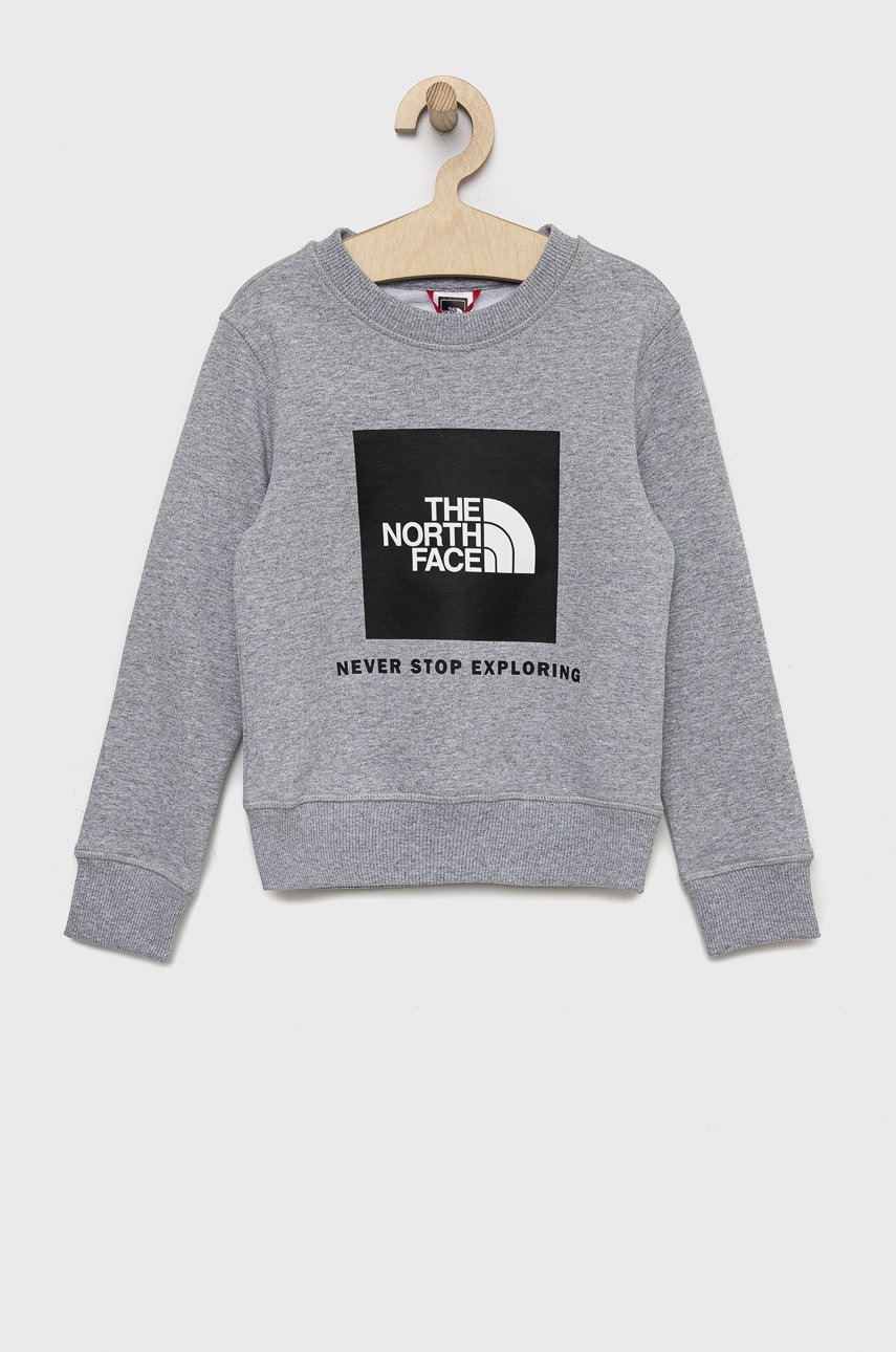 

Детски памучен суичър The North Face в сиво с принт, Сив