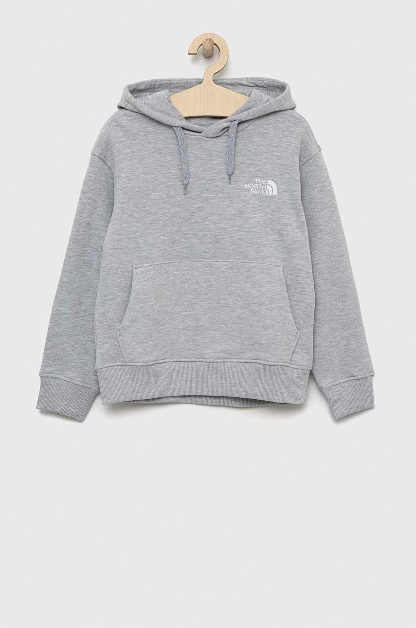 

Детски памучен суичър The North Face в сиво с качулка с изчистен дизайн, Сив