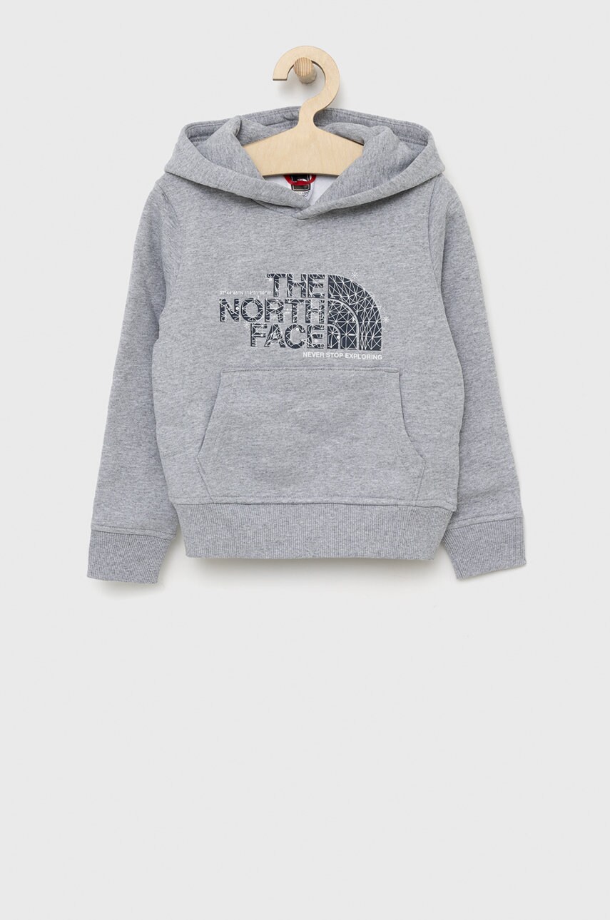 

Детская хлопковая кофта The North Face цвет серый с капюшоном с принтом