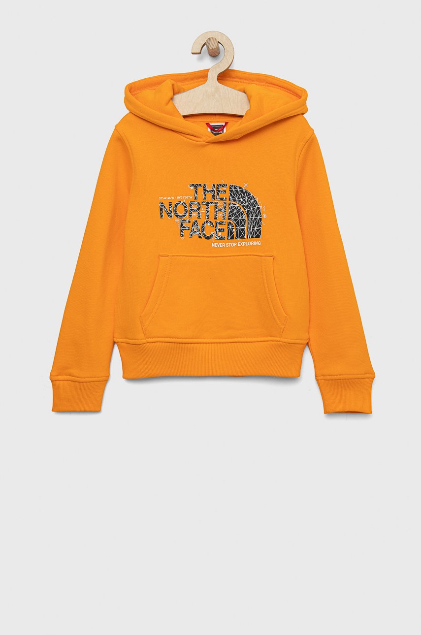 

Детски памучен суичър The North Face в оранжево с качулка с принт, Оранжев