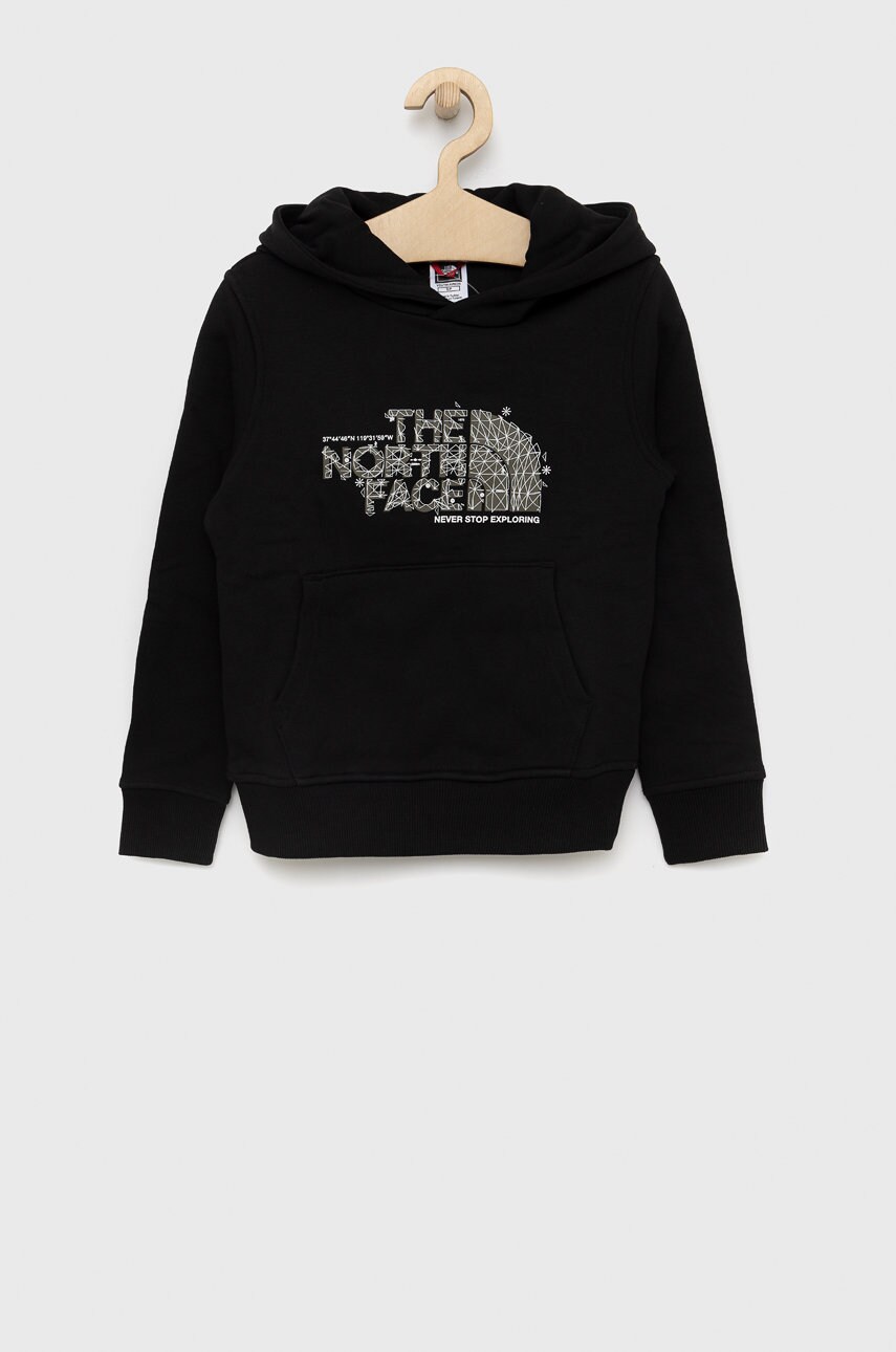 The north face hanorac de bumbac pentru copii culoarea negru, cu glugă, cu imprimeu