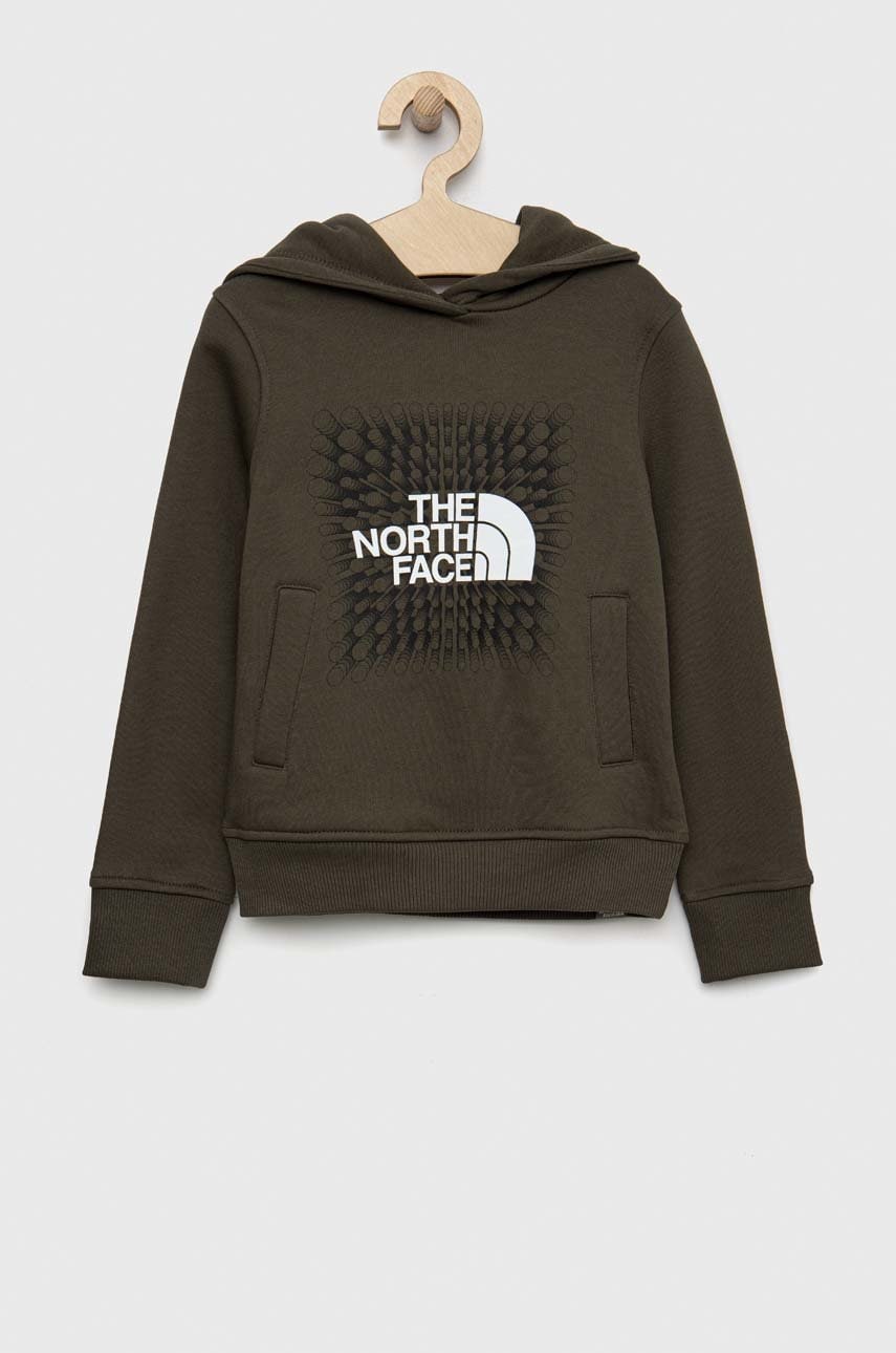 Детская хлопковая кофта The North Face цвет серый с капюшоном с принтом Детская хлопковая кофта The North Face цвет серый с капюшоном с принтом