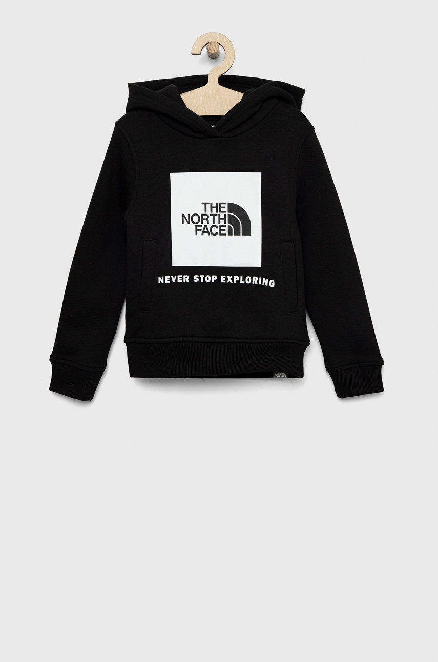 

Детская хлопковая кофта The North Face цвет чёрный с капюшоном с принтом