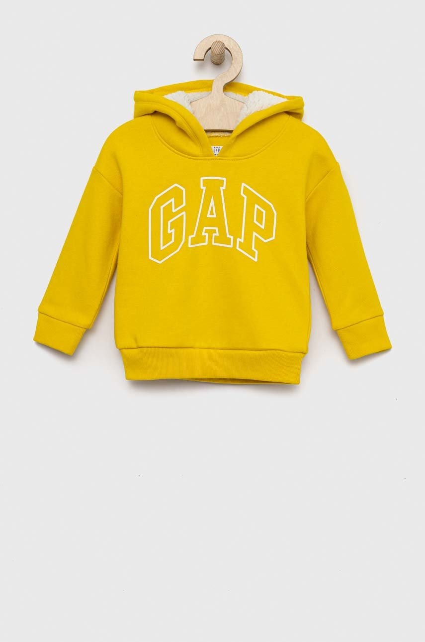 

Детски суичър GAP в жълто с качулка с принт, Жълт