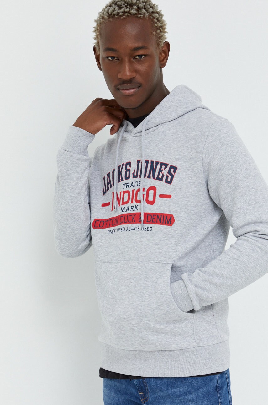 Jack & jones bluza barbati, culoarea gri, cu glugă, melanj