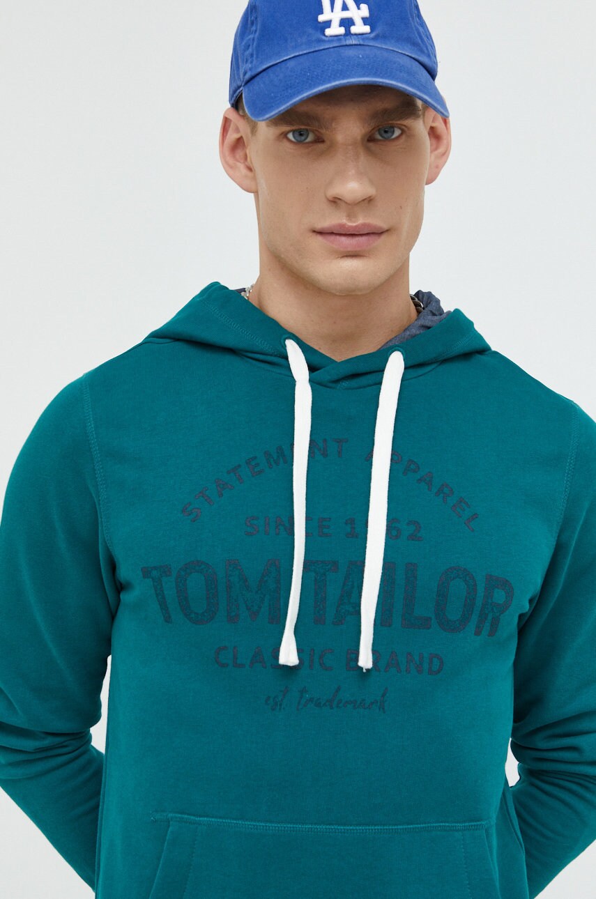 Tom tailor hanorac de bumbac barbati, culoarea verde, cu glugă, cu imprimeu
