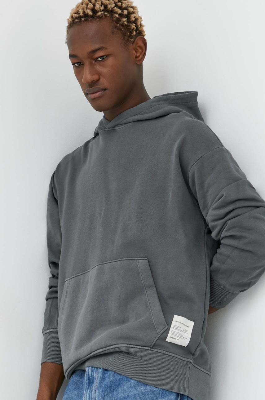 Jack & jones hanorac de bumbac barbati, culoarea gri, cu glugă, neted