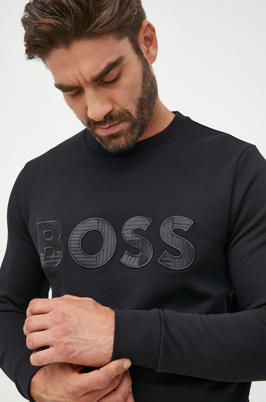 

Памучен суичър BOSS в черно с апликация, Черен