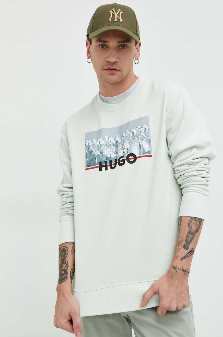 

Памучен суичър HUGO в зелено с принт, Зелен