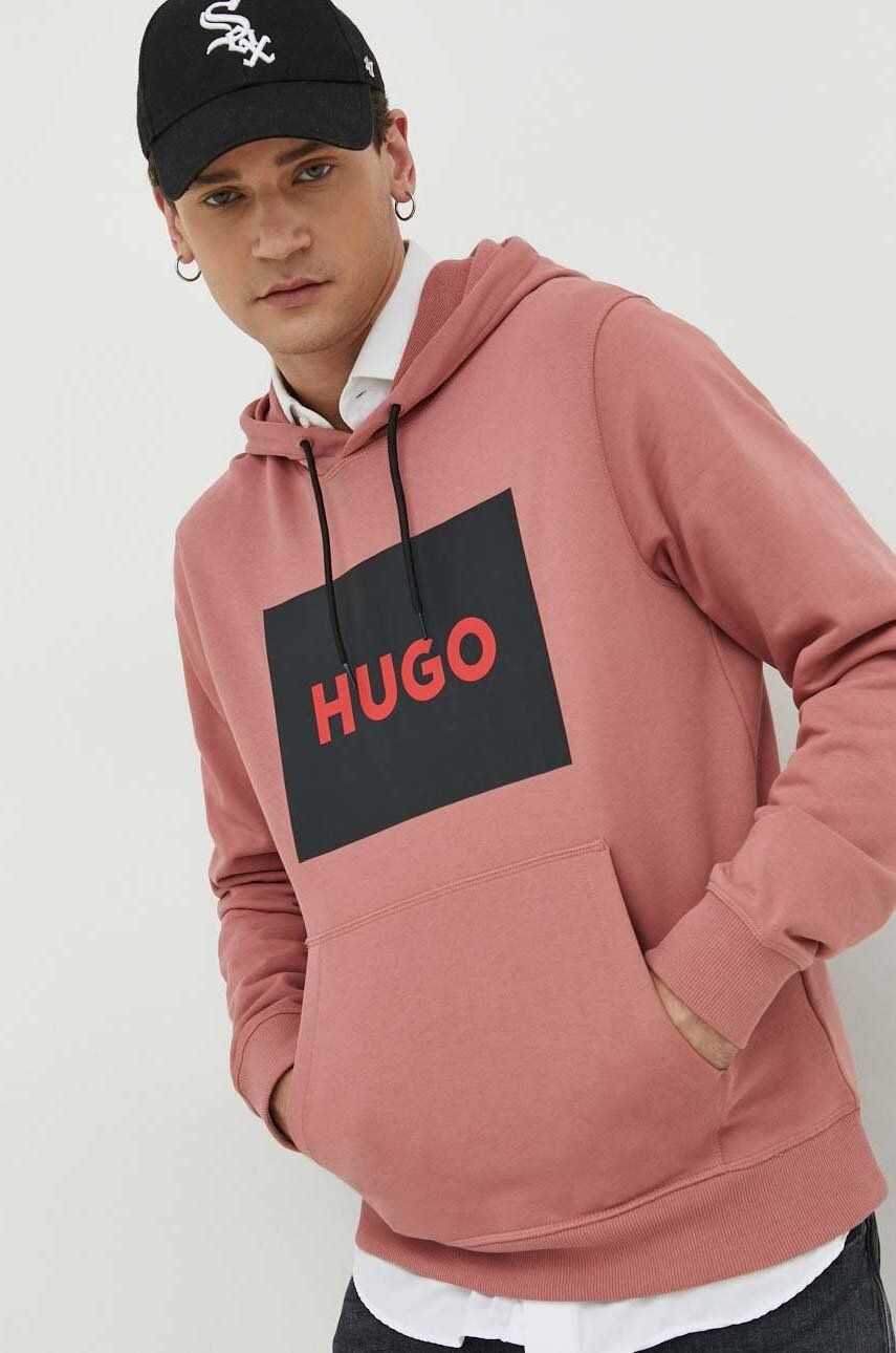 Bavlněná mikina HUGO pánská, růžová barva, s kapucí, s potiskem, 50473168