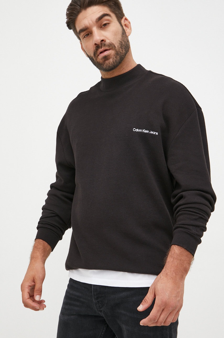 

Памучен суичър Calvin Klein Jeans в черно с изчистен дизайн, Черен