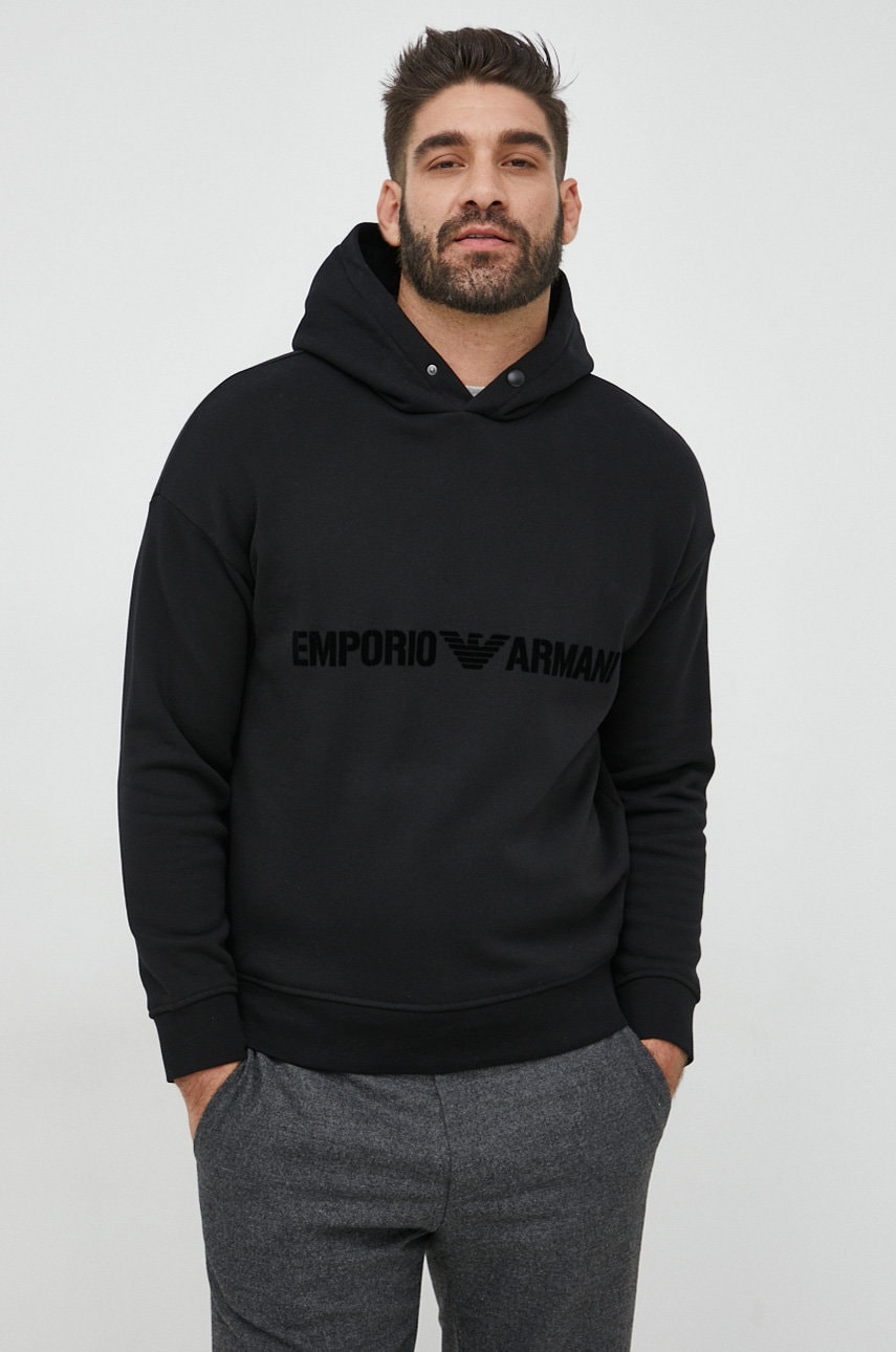 Emporio armani hanorac de bumbac barbati, culoarea negru, cu glugă, cu imprimeu